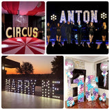Colorful light-up letter displays for events: "Circus," "Anton," "Marry Me," and "16."