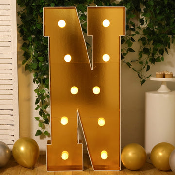 Giant LED Marquee Light Up Letter "N", Gold 4ft Pre-Cut Foam Board with 10 Warm White Battery Operated LEDs, Glue Gun and Sticks