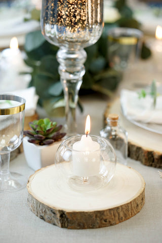 Wood slice charger with white plate and napkin