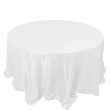 132" White Accordion Crinkle Taffeta Seamless Round Tablecloth for 6 Foot Table With Floor-Length Drop