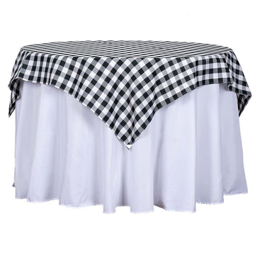 54"x54" | White/Black Seamless Buffalo Plaid Square Table Overlay, Checkered Gingham Polyester Table Overlay