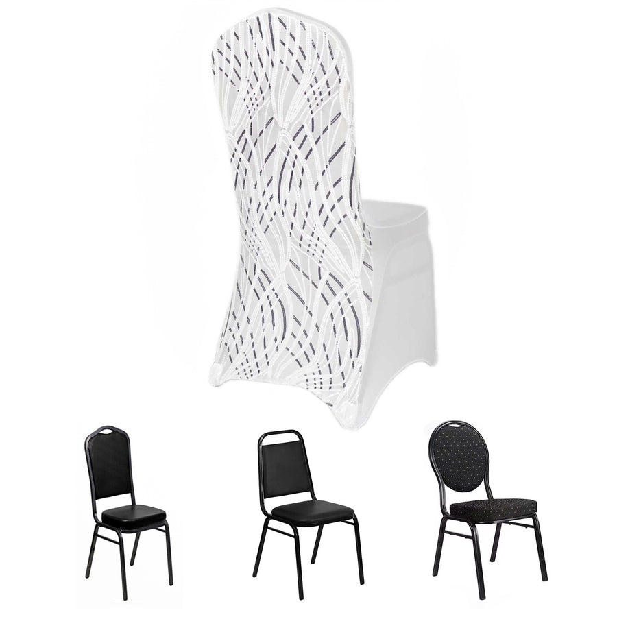 White Black Spandex Fitted Banquet Chair Cover With Wave Embroidered Sequins