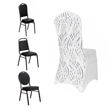 White Black Spandex Fitted Banquet Chair Cover With Wave Embroidered Sequins