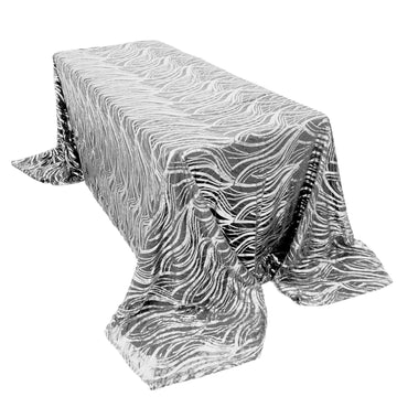 90"x156" White Black Wave Mesh Rectangular Tablecloth With Embroidered Sequins for 8 Foot Table With Floor-Length Drop
