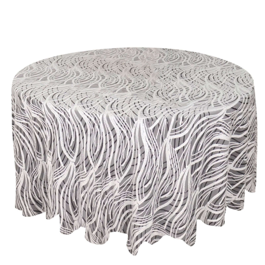 120inch White Black Wave Mesh Round Tablecloth With Embroidered Sequins