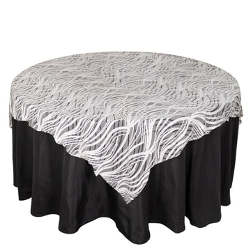 72"x72" White Black Wave Mesh Square Table Overlay With Embroidered Sequins