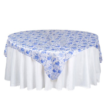 White Blue Chinoiserie Floral Print Satin Table Overlay, Square Tablecloth Topper - 72"x72"