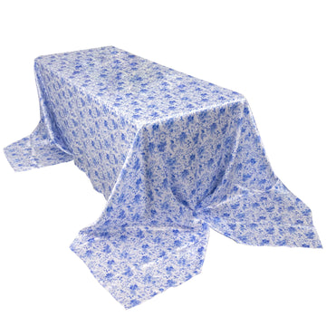 90"x156" White Blue Chinoiserie Floral Print Seamless Satin Rectangular Tablecloth, Wrinkle Resistant Tablecloth