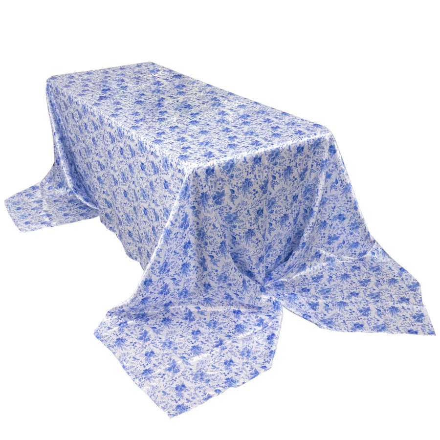 90"x156" White Blue Seamless Satin Rectangular Tablecloth in French Toile Floral Pattern
