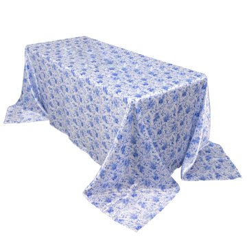 90"x132" White Blue Chinoiserie Floral Print Seamless Satin Rectangular Tablecloth, Wrinkle Resistant Tablecloth