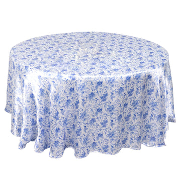 120" White Blue Chinoiserie Floral Print Seamless Satin Round Tablecloth, Wrinkle Resistant Tablecloth