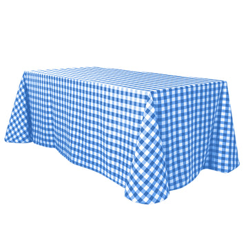 90"x132" White Blue Seamless Buffalo Plaid Rectangle Tablecloth, Checkered Polyester Tablecloth for 6 Foot Table With Floor-Length Drop