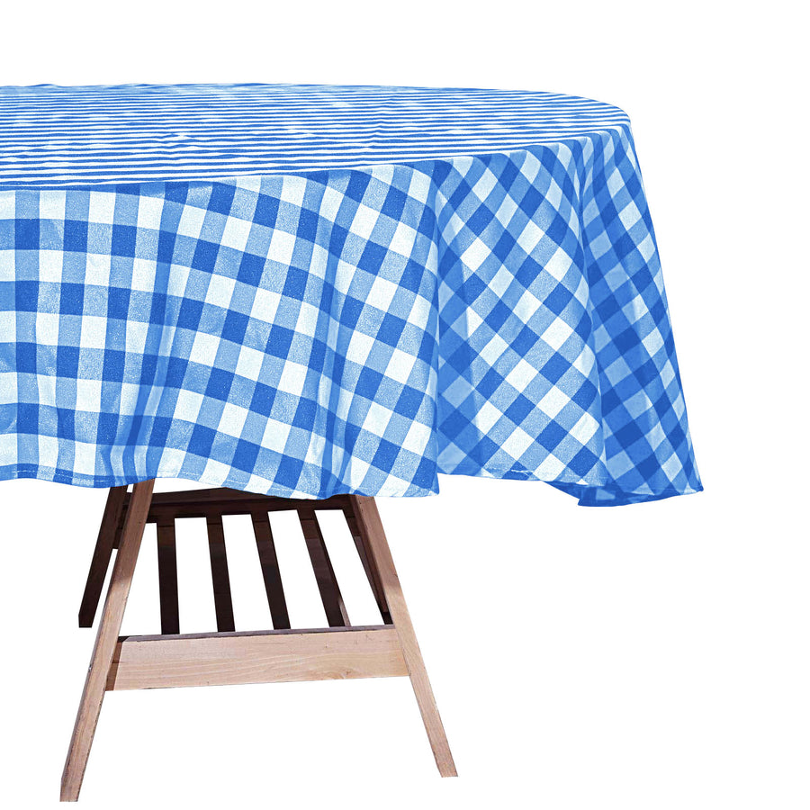 Buffalo Plaid Tablecloths | 70" Round | White/Blue | Checkered Gingham Polyester Tablecloth