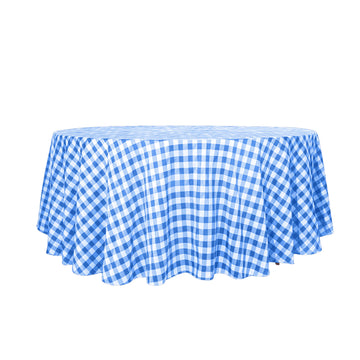 120" White Blue Seamless Buffalo Plaid Round Tablecloth, Checkered Gingham Polyester Tablecloth for 5 Foot Table With Floor-Length Drop
