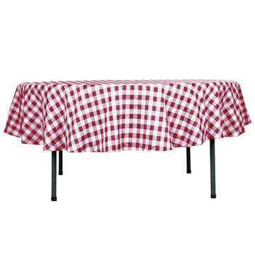 90" White Burgundy Seamless Buffalo Plaid Round Tablecloth, Gingham Polyester Checkered Tablecloth