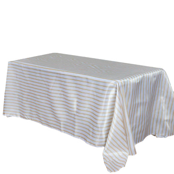 90"x156" White Champagne Seamless Stripe Satin Rectangle Tablecloth for 8 Foot Table With Floor-Length Drop