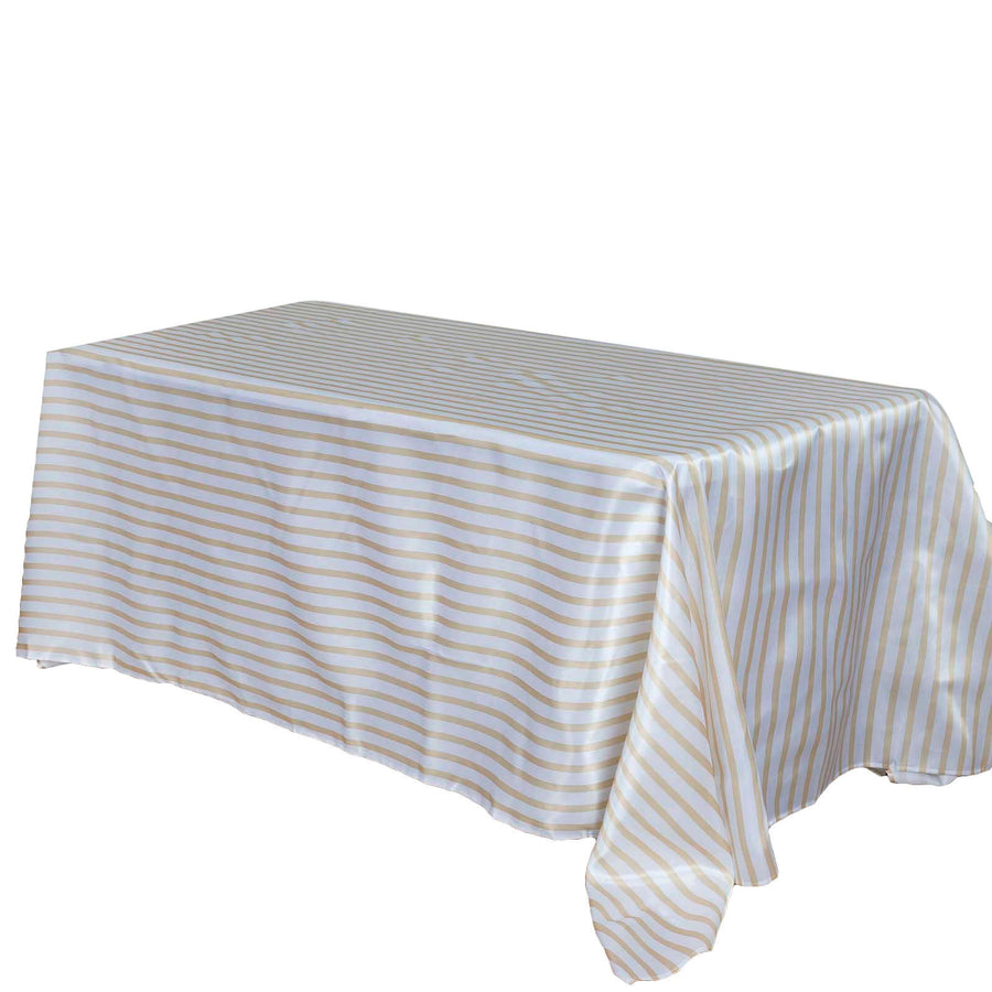 90 inch x156 inch White/Champagne Stripe Satin Tablecloth