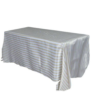 90"x132" White Champagne Seamless Stripe Satin Rectangle Tablecloth