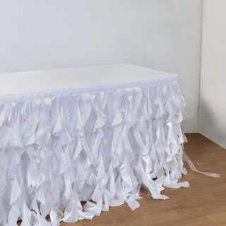 Add a Touch of Elegance with the White Curly Willow Taffeta Table Skirt