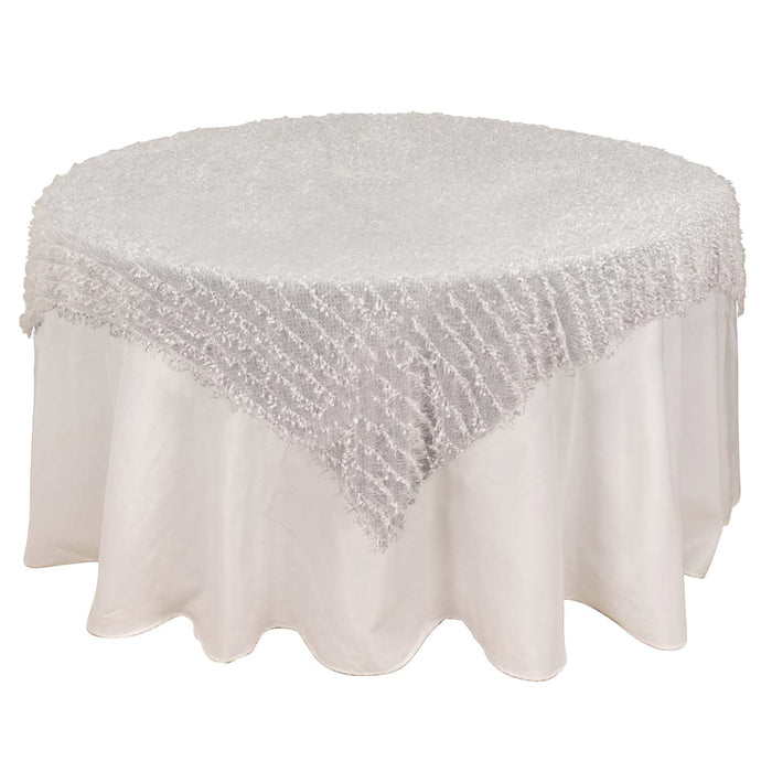 White Fringe Shag Square Polyester Table Overlay