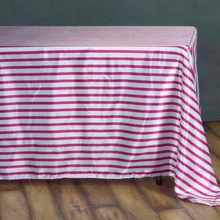 Create a Memorable Event with the White/Fuchsia Stripe Satin Tablecloth