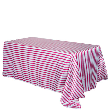 90"x156" White Fuchsia Seamless Stripe Satin Rectangle Tablecloth for 8 Foot Table With Floor-Length Drop