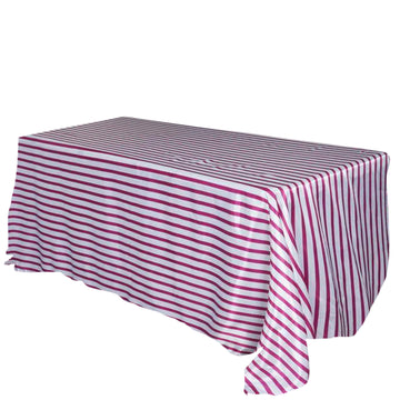 90"x132" White Fuchsia Seamless Stripe Satin Rectangle Tablecloth for 6 Foot Table With Floor-Length Drop