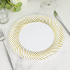 10 Pack | 9inch White / Gold Swirl Rim Plastic Dinner Plates, Round Disposable Party Plates