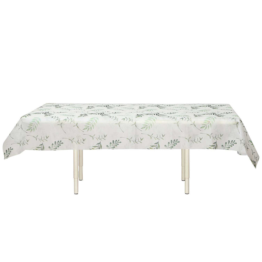 60x102inch White Green Non-Woven Rectangular Table Cover With Olive Leaves Print, Spring Summer