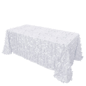 90"x132" White 3D Leaf Petal Taffeta Fabric Seamless Rectangle Tablecloth for 6 Foot Table With Floor-Length Drop