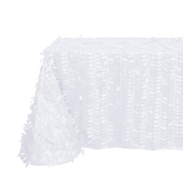 90"x156" White 3D Leaf Petal Taffeta Fabric Seamless Rectangle Tablecloth for 8 Foot Table With Floor-Length Drop