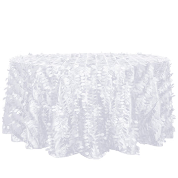 120" White 3D Leaf Petal Taffeta Fabric Seamless Round Tablecloth for 5 Foot Table With Floor-Length Drop