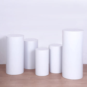 Set of 5 White Metal Cylinder Prop Pedestal Stands Backdrop Decor, Round Plinth Pillar Display Boxes