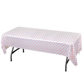 54"x108" White Pink Polka Dots Waterproof Plastic Tablecloth, PVC Rectangle Disposable Table Cover