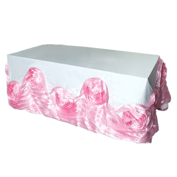 90"x156" White Pink Seamless Large Rosette Rectangular Lamour Satin Tablecloth for 8 Foot Table With Floor-Length Drop