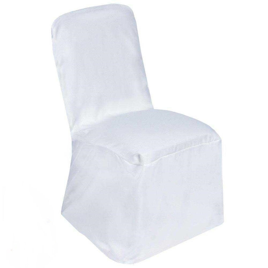 White Polyester Square Top Banquet Chair Cover, Reusable Slip On Chair Cover#whtbkgd