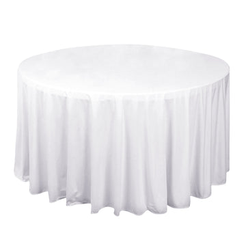 120" White Premium Scuba Wrinkle Free Round Tablecloth, Seamless Scuba Polyester Tablecloth for 5 Foot Table With Floor-Length Drop