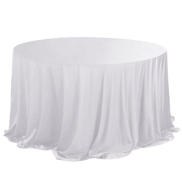 132" White Premium Scuba Wrinkle Free Round Tablecloth, Seamless Scuba Polyester Tablecloth for 6 Foot Table With Floor-Length Drop