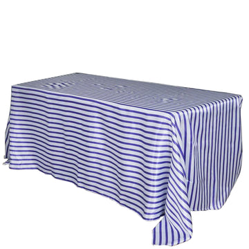 90"x132" White Purple Seamless Stripe Satin Rectangle Tablecloth for 6 Foot Table With Floor-Length Drop