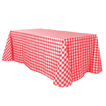 90"x132" White Red Seamless Buffalo Plaid Rectangle Tablecloth, Checkered Polyester Tablecloth for 6 Foot Table With Floor-Length Drop