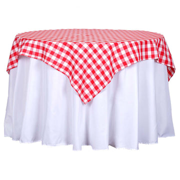 54"x54" White Red Seamless Buffalo Plaid Square Table Overlay, Checkered Gingham Polyester Table Overlay