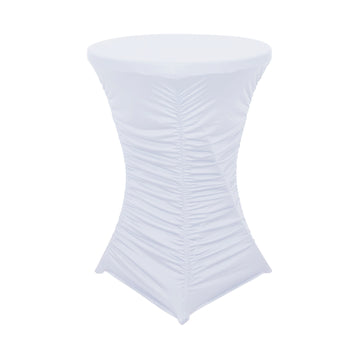 32" White Rouched Pleated Heavy Duty Spandex Cocktail Table Cover - Closeout Sale