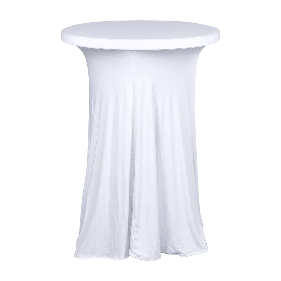 White Round Heavy Duty Spandex Cocktail Table Cover With Natural Wavy Drapes