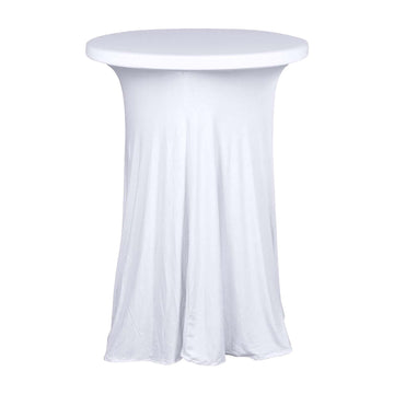 White Round Spandex Cocktail Table Cover With Natural Wavy Drapes