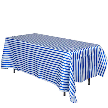 90"x156" White Royal Blue Seamless Stripe Satin Rectangle Tablecloth for 8 Foot Table With Floor-Length Drop