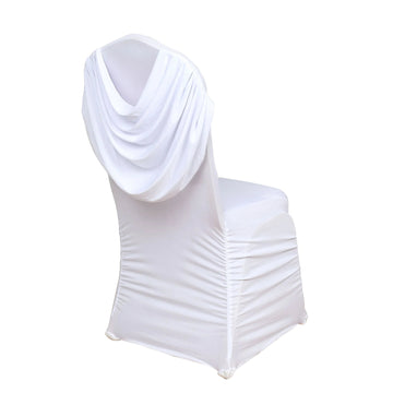 White Ruched Swag Back Spandex Fitted Banquet Chair Cover With Foot Pockets