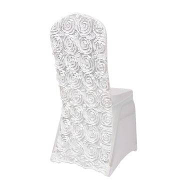 White Satin Rosette Spandex Stretch Banquet Chair Cover, Fitted Slip On Chair Cover