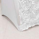 White Satin Rosette Spandex Stretch Banquet Chair Cover, Fitted Slip On Chair Cover