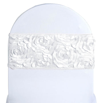 5 Pack | 6"x14" White Satin Rosette Spandex Stretch Chair Sashes Bands