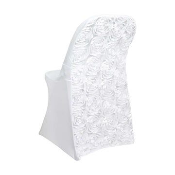 White Satin Rosette Spandex Stretch Fitted Folding Chair Cover